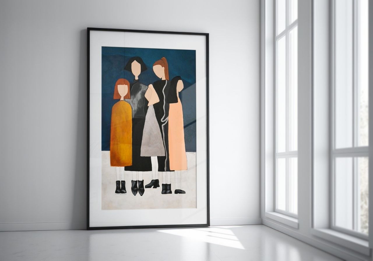 Tall framed Dekart artwork leaning in a bright white interior.